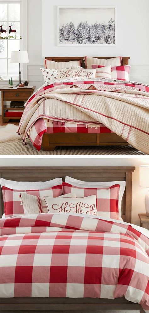 Inspiration was taken from cozy plaid shirts in order to design this inviting Christmas bedding with a buffalo check pattern in red and white. The bold punch of color instantly makes a statement in the bedroom. #christmasbedding #holidaybedding #christmas Red Plaid Bedding, Holiday Bedroom Christmas Bedding, Red Buffalo Plaid Bedroom, Christmas Comforters, Red And White Bedroom Ideas, Christmas Beds, Christmas Duvet Covers, Xmas Bedding, Comforter Ideas