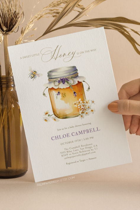 Honey baby shower ideas. These bee baby shower invitations are perfect for celebrating a sweet little honey on the way! Bee Themed Baby Shower Ideas, Bee Baby Shower Invitations, Bee Invitations, Bee Baby, Bee Baby Shower, Baby Bee, Baby Shower Invitation, Editable Template, Shower Invitation