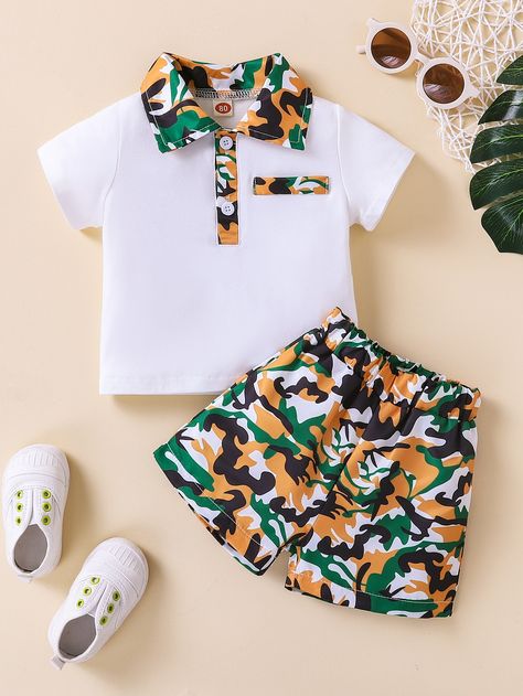 Multicolor  Collar Short Sleeve  Camo  Embellished Slight Stretch Summer Baby Clothing Baby Boy Dress Design, Baby African Clothes, African Kids Clothes, Gentleman Outfit, Baby Boy Shirts, African Dresses For Kids, Baby Boy Dress, African Fashion Traditional, Boys Summer Outfits