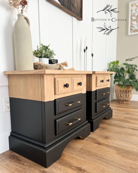 • •SOLD • • How beautiful are these solid wood nightstands? I love the cottage style design and THREE drawers! I kept with the dipped look of the 6 drawer dresser that I posted yesterday so it could be sold as a set. It has stunning matching hardware to tie the pieces together. I’m willing to separate too - But people are always looking for a set! Scroll 👉 to see the matching dresser! Finished in coal black by @fusionmineralpaint $595 for the pair $650 for the dresser • Pickup Leduc • ... Black And Wood Dresser, Dresser Topper, Wood Nightstands, Furniture Flipping, Wood Dresser, 6 Drawer Dresser, Wood Nightstand, The Cottage, Drawer Dresser