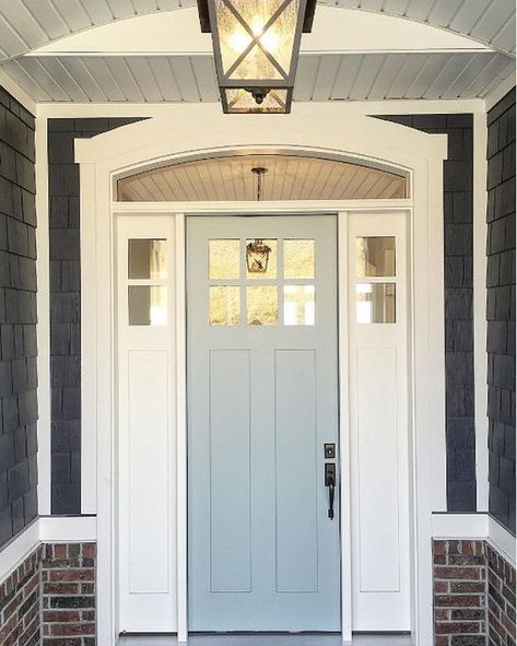 Front door is Benjamin Moore Wedgewood Gray. The shingles are BM Hale Navy Gray Front Door Colors, Benjamin Moore Hale Navy, Navy Front Door, Millhaven Homes, Grey Front Door, Grey Front Doors, Pintu Interior, Rustic Front Door, Blue Front Door