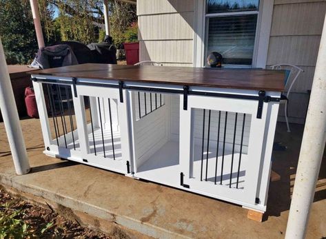 Double Dog Crate Furniture | Dog Kennel | Sliding Barn Door Kennel | Custom Dog Crate Furniture Dog Dens, Double Dog Crate Furniture, Furniture Dog Kennel, Modern Dog Crate, Custom Dog Crate, Double Dog Crate, Dog Den, Dog Kennel Furniture, Dog Crates