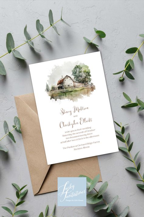 This invitation suite features watercolor images of a barn and country farm life. With muted greens, golds and browns - this is a perfect suite for a fall wedding. By www.luckyinvitations.com Rustic Barn Wedding Invitation Suite | Country Autumn Wedding | Digital Download | Printable Farmhouse Wedding Invitations, Delicate Typography, Country Autumn, Barn Wedding Invitations, Diy Wedding Stationery, Invite Ideas, Fall Wedding Invitations, Farmhouse Wedding, Farm Design