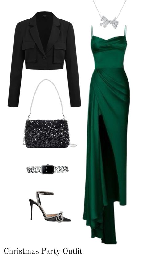 Christmas Party Outfit: deep green dress and black accessories Deep Green Dress, Green Christmas Party, Party Dress Outfit, Christmas Party Outfit, Office Christmas Decorations, Office Christmas, Christmas Party Dress, Black Accessories, Green Christmas