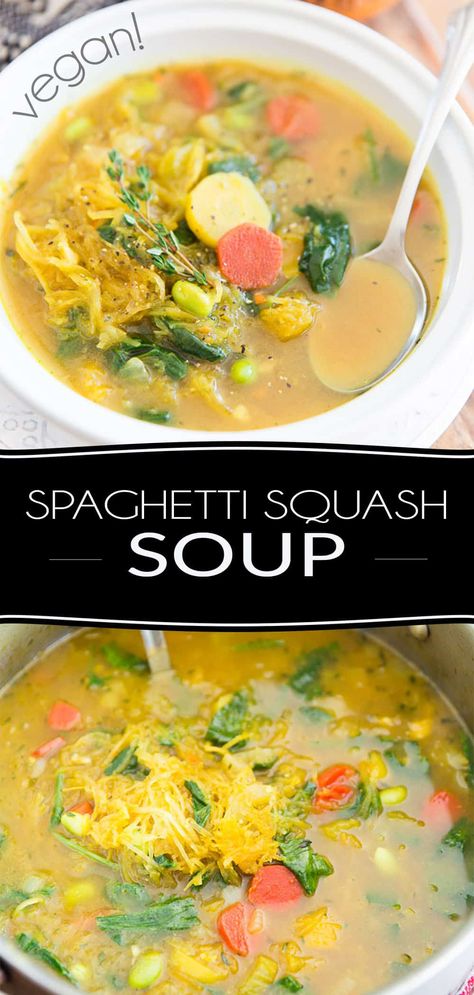 Move over noodles, Spaghetti Squash Soup is here! Deliciously hearty and comforting, it's the perfect meal to make you feel better inside and out when winter refuses to go… Soup Spaghetti Squash, Soup With Spaghetti Squash, Spaghetti Squash Recipes Soup, Spaghetti Squash Vegan Recipes, Soup With Spaghetti Noodles, Vegan Spaghetti Squash Recipes, Spaghetti Squash Soup, Crockpot Spaghetti Squash, Stovetop Recipes