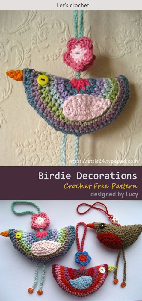 Birdie Decorations Crochet Free Pattern #freecrochetpatterns #christmasdecor #ornaments Crochet Appliques Free Pattern, Crochet Bird Patterns Free, Bird Crochet Pattern Free, Crochet Curtains Free Pattern, Ravelry Crochet Free Patterns, Crocheted Valance, Crochet Bird Applique, Crochet Birds Free Pattern, Crochet Shells