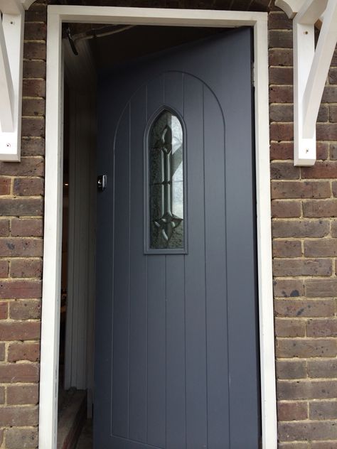 Dulux Gallant Grey - the new front door                                                                                                                                                                                 More Interior Front Door Colors, Dulux Colours, Dulux Grey, Porch Tiles, Grey Garage, Grey Front Door, Dulux Weathershield, New Front Door, House Colour