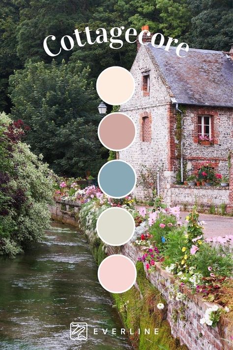 Cottage Core Neutral, Cottage Core Romance Aesthetic, English Cottage Colors Palette, Cottagecore House Color Scheme, Cottage Colour Scheme, Cottagecore Sitting Room, Cottage Core Colors, Cottagecore Paint Colors, Cottagecore 2023