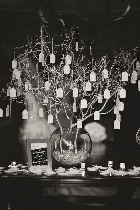 Hanging, wishing tree, Could be centerpiece on table surrounded by votives.  Guests could add wedding wishes! Tree Branch Wedding Decor, Wedding Guest Book Table Decorations, Wishing Tree Wedding, Branches Wedding Decor, Tree Branch Wedding, Wedding Guest Book Table, Guest Book Tree, Tie The Knot Wedding, Wedding Tree Guest Book