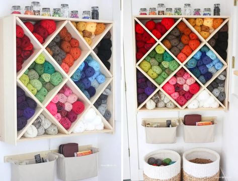 23 Wonderful Yarn Storage Ideas: Clever for Organizing and Storing Your Yarns Yarn Storage Solutions, Ikea Raskog, Crafting Space, Vintage Tea Tins, Repeat Crafter Me, Yarn Organization, Wall Mounted Wine Rack, Yarn Storage, Two Shelves