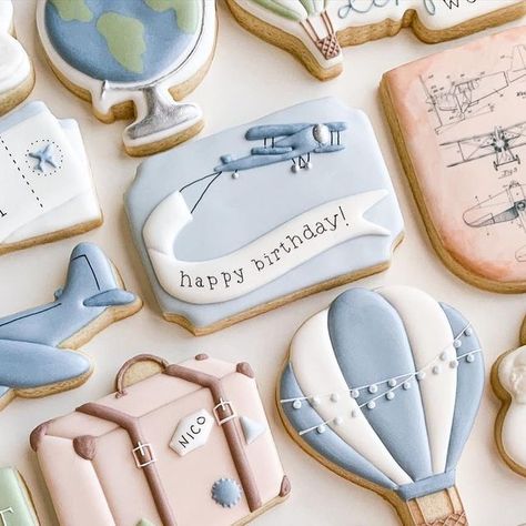 Time Flies First Birthday Cookies, Two Fly Birthday Cookies, Vintage Airplane Cookies, Plane Cookies, Travel First Birthday Party, Airplane Cookies Decorated, What A Onederful World Birthday, Onederful World Birthday Boy, Airplane Cookies