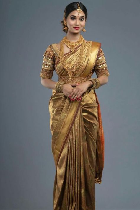 Presenting you latest south indian Sarees. #weddingbazaar#indianwedding #southindianweddings #southindianbrides #silksarees #kanjeevaramsaree #southindiansareelook #southindiansareeblousedesign #southindiansareewhite #southindiansareewedding #southindiansareetraditionalsilk Gold Pattu Saree Indian Bridal, Muhurtham Saree, Silver Saree, Gold Blouse Designs, Tamil Bride, Golden Outfit, Gold Saree, South Indian Bride Saree, Engagement Saree