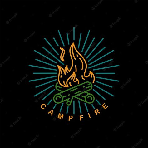 Camp Logo Vintage, Vintage Fire Illustration, Campfire Design, Fire Pit Tattoo, Campfire Logo, Fire Line Art, Camping Logo, Fire Logo, Tent Logo