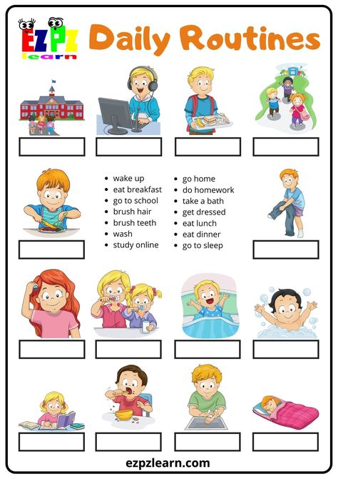 Daily Routine Word Match Teaching English Kindergarten, Daily Routine Worksheet For Kindergarten, Daily Routine Printable Free, English Games For Kids Teaching, Daily Activities Worksheet, Daily Routine For Kids, Daily Routine Worksheet, Daily Routine Kids, Daily Routine Activities