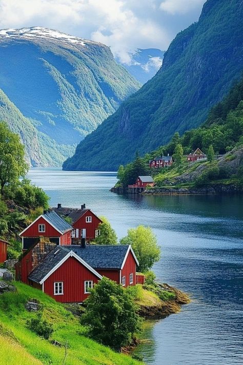 Norway House, Green Landscapes, Red Houses, Norway Fjords, House In Nature, Green Hills, Cabin Living, Travel Brochure, Green Landscape