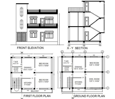 House plan for 24 feet by 30 feet plot size of ground floor and first floor plan CAD drawing which consist 12' X 14' and 12' X 10' two bedrooms, kitchen, dining area, store room, and bathroom toilet with dimension and description detail. The additional drawings such as section and front elevation design. download 2 storey house project DWG file. One Floor House Plans, Drawing House Plans, South Facing House, Floor Plan With Dimensions, Home Elevation, Two Storey House Plans, 20x40 House Plans, Simple Floor Plans, Building Design Plan