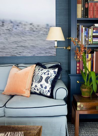 Ashley Whittaker Design, Ashley Whittaker, Blue Bookshelves, Living Room New York, Dark Blue Walls, Water Photo, Lv Bags, Fabric Inspiration, Blue Sofa