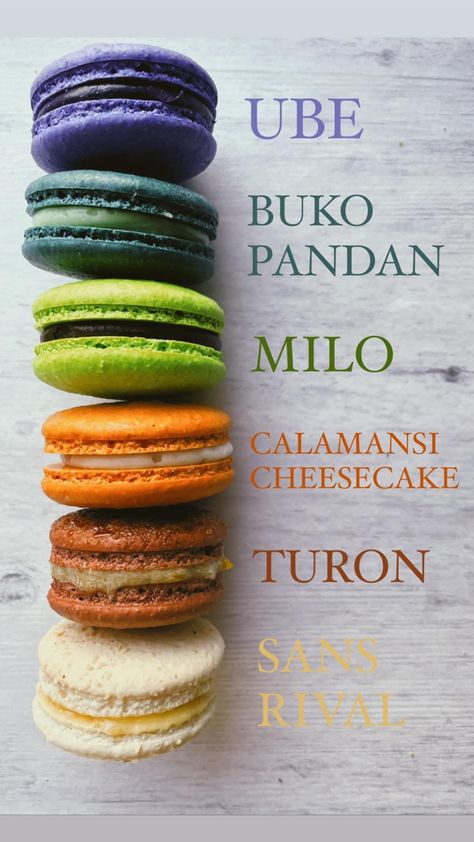 •Ube infused white chocolate ganache. •Buko Pandan American buttercream. •Milo infused milk and semi sweet chocolate ganache. •Calamansi Cheesecake; Cream cheese frosting and centered w/ a fresh homemade Calamansi curd. •Turon;Jackfruit and banana compote American buttercream. Torched sugar on top. •Sans Rival; Roasted Cashew French buttercream. Calamansi Macaron, Ube Macarons Recipe, Pandan Macarons, Ube Macarons, Banana Compote, Cheesecake Cream Cheese, Filipino Bread Recipe, Buko Pandan, Cheesecake Cream