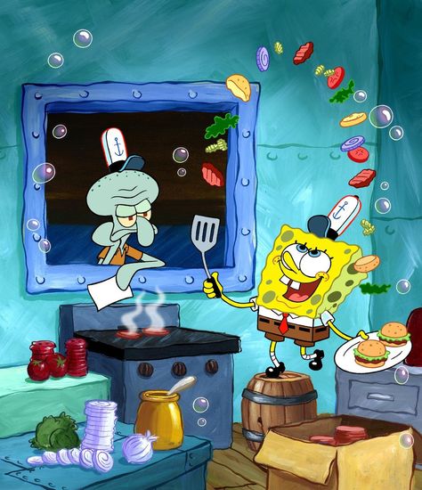 SpongeBob Flippin Patties by shermcohen.deviantart.com on @DeviantArt Spongebob Kitchen, Spongebob Background, Spongebob Drawings, Spongebob Square, Spongebob Patrick, Pineapple Under The Sea, Spongebob Wallpaper, Spongebob Memes, Cartoon Wallpaper Iphone