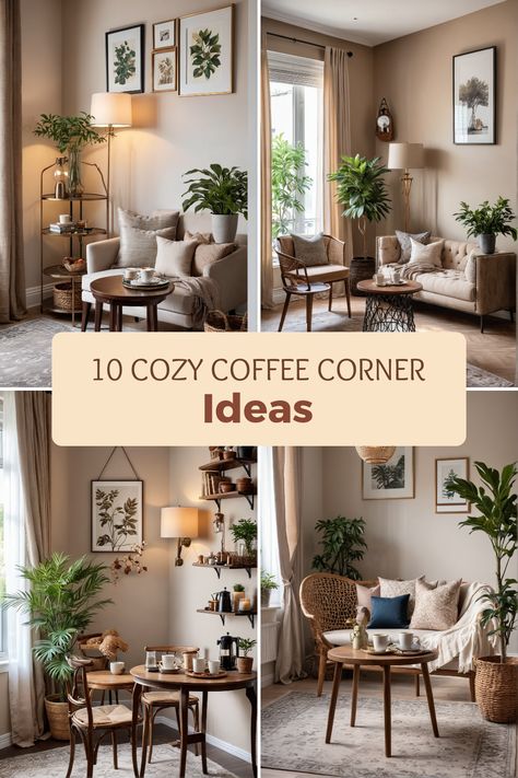 Explore 10 cozy coffee corner ideas, including plants, stylish seating, and natural decor. Pin features 4 inspirational images showcasing various coffee station layouts. Coffee Corner With Chairs, Four Chair Conversation Area Small Space, Coffee Nook Ideas Cozy Corner, Four Chair Conversation Area, Corner Chair Ideas, 4 Chairs Sitting Area, Corner Sitting Area, Chair In Corner, Cozy Coffee Corner