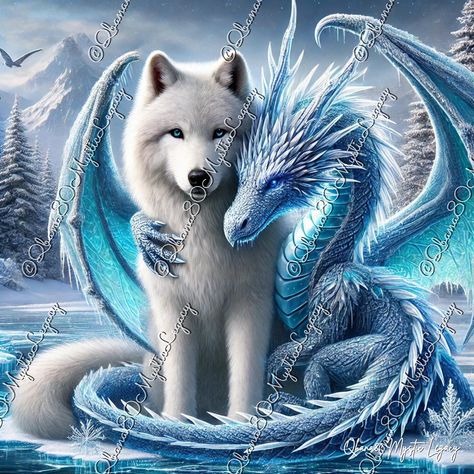 This stunning artwork captures the enchanting bond between a majestic white wolf and a mystical blue dragon in a winter wonderland. The intricate details and vibrant colors bring these mythical creatures to life, making it a perfect addition to any fantasy art collection. Ideal for fans of mythical tales and winter landscapes, this piece adds a touch of magic to any space. Fantasy Wolf Mythical Creatures, Wolf And Dragon, Cool Dragon Pictures, Winter Dragon, Wolf Winter, Wolf Art Fantasy, Mythical Creature Art, Magical Wolf, Art Friendship