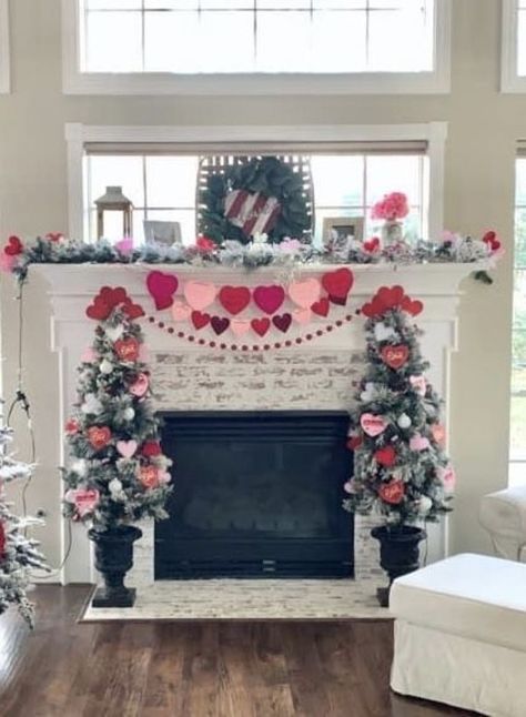 Valentines Day Decorations Fireplace, Valentines Day Fireplace Decor, Black Mantle Fireplace, Valentine Mantel, Black Mantle, Feb 14th, Mantle Decorations, Day Party Decor, Valentines Day History