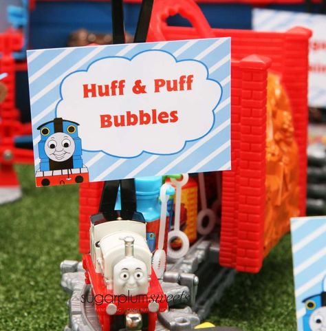 Thomas The Tank Engine 1st Birthday | CatchMyParty.com Thomas The Tank Engine Party, Train Birthday Party Ideas, Birthday Bubbles, Thomas Train Birthday, Bubbles Party, Thomas Party, Train Theme Birthday Party, Thomas Birthday Parties, Thomas The Train Birthday Party