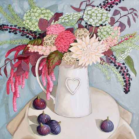 "Autumn Blush"----Contemporary still life dahlia bouquet with figs by Halima Washington-Dixon Autumn Bouquet Illustration, Polly Jones, Cream Bouquet, Strawberry And Cream, Late Summer Flowers, Dahlia Bouquet, Still Life Artists, Still Life Oil Painting, Flower Art Painting