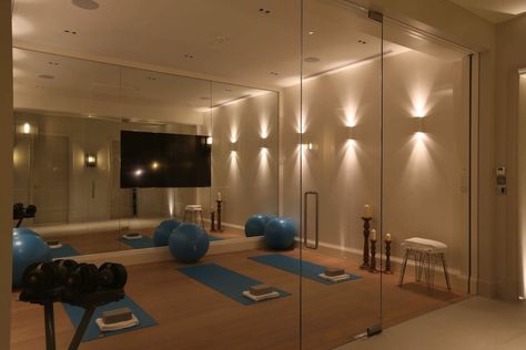 Zen gym lighting! Unfinished Basement Gym Workout Rooms, Basement Gym And Movie Room, Basement Lights Ideas, Basement Gym No Windows, Basement Luxury Ideas, Indoor Gym Aesthetic, Basement Gym Lighting Ideas, Finished Basement Gym Ideas, Luxury Basement Ideas Modern