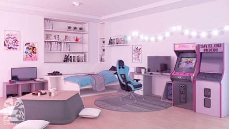 Gaming Room , Omorphia Visual on ArtStation at https://www.artstation.com/artwork/8eKDWO Background Emo, Gacha Bedroom, Story References, Bedroom Anime, Futuristic Bedroom, Anime House, Bedroom Background, Background Green, Shared Bedroom