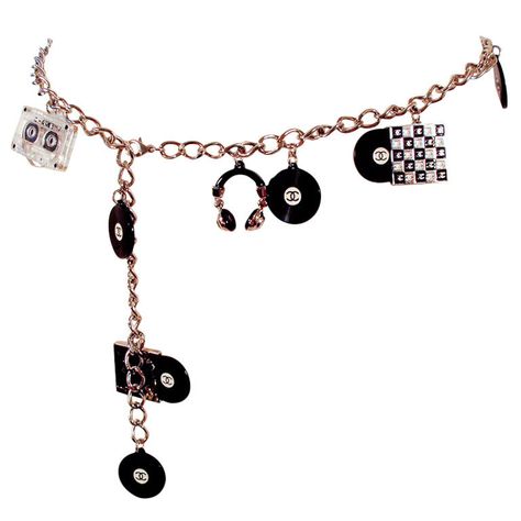 Chanel Charm Belt/ Necklace w/ Records & Tapes Chanel Vintage Accessories, Charm Belt, Chanel Charm, Belt Necklace, Jewelry Chanel, Chanel Necklace, Detailed Jewelry, Magical Jewelry, Designer Belts