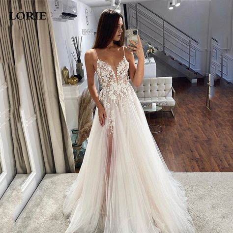 LORIE 3D Lace Wedding Dresses A Line Satin Bridal Gowns Square Neck Wedding Party Gowns 2023 Wedding Dresses With Split Leg, Revealing Wedding Dress, Rustic Wedding Gowns, Tulle Wedding Dresses, Dresses With Appliques, Pretty Wedding Dresses, Pink Homecoming Dress, Purple Prom Dress, Sequin Prom Dresses