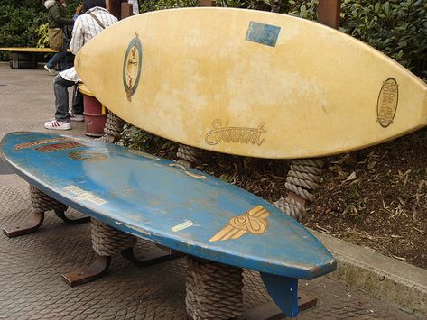 surfboard bench by allison sensei, via Flickr Surfboard Chair, Surfboard Bench, Recycled Chair, Beach Bench, Skim Board, Surfboard Table, Surfboard Coffee Table, Surfboard Decor, Wooden Surfboard