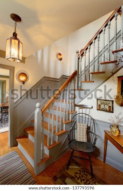 Colonial Staircase Entryway, Stone House Decor, Colonial Foyer, Colonial Staircase, Staircase Update, Williamsburg Decor, Early American Decor, Colonial Home Decor, Center Hall Colonial