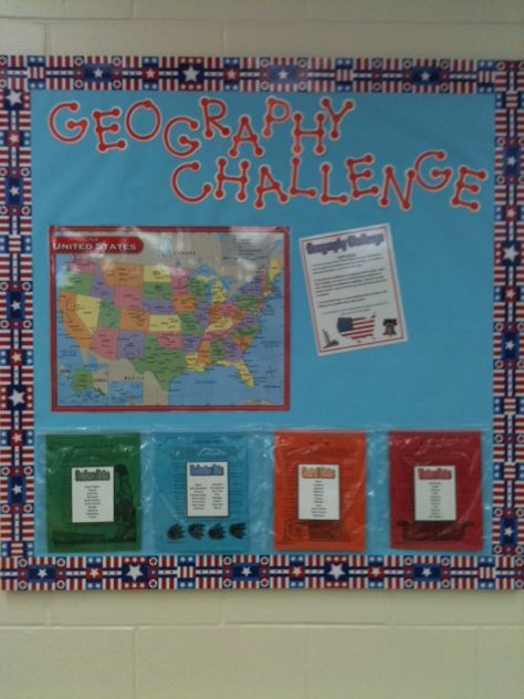 geography bulletin board ideas | Geography Challenge (I'm a BIG fan of interactive bulletin boards) Geography Bulletin Board, High School Mural, Social Studies Bulletin Boards, Geography Classroom, Classroom Economy, Interactive Bulletin Boards, Interactive Bulletin Board, Social Studies Education, 4th Grade Social Studies