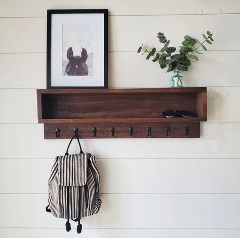 Coat Rack With Storage, Coat Rack With Cubby, Entryway Wall Organizer, Key Holder Wallet, Wooden Wall Organizer, Entryway Organizer Wall - Etsy Perfect Stain Color, Entryway Organizer Wall, Coat Rack With Storage, Trendy Farmhouse, Black Hooks, Key Holder Wallet, Entryway Organizer, Wall Organizer, Clutter Organization