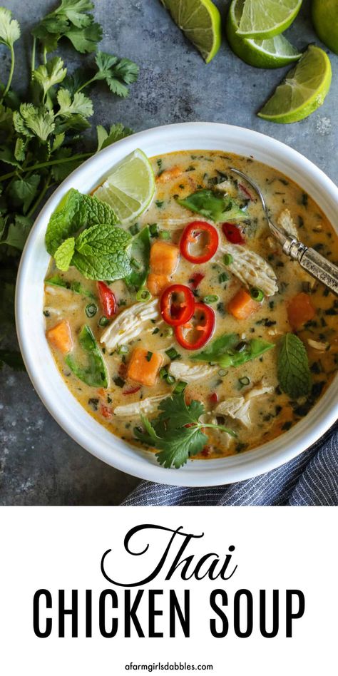 Chicken And Sweet Potatoes, Thai Soup Recipes, Soup Thai, Chicken Thai, Thai Chicken Soup, Kek Lapis, Lemon Chicken Soup, Thai Soup, Asian Soup