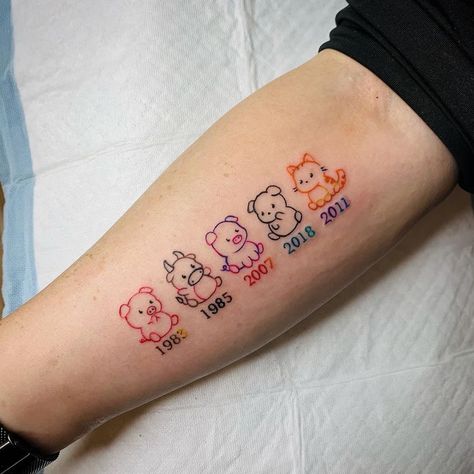 Family Of 8 Tattoo Ideas, Sibling Animal Tattoos, Chinese Animal Tattoo, Monkey Family Tattoo, Small Pig Tattoo, Tattoo Ideas Fish, Chibi Tattoo, Elephants Tattoo, Small Dog Tattoo