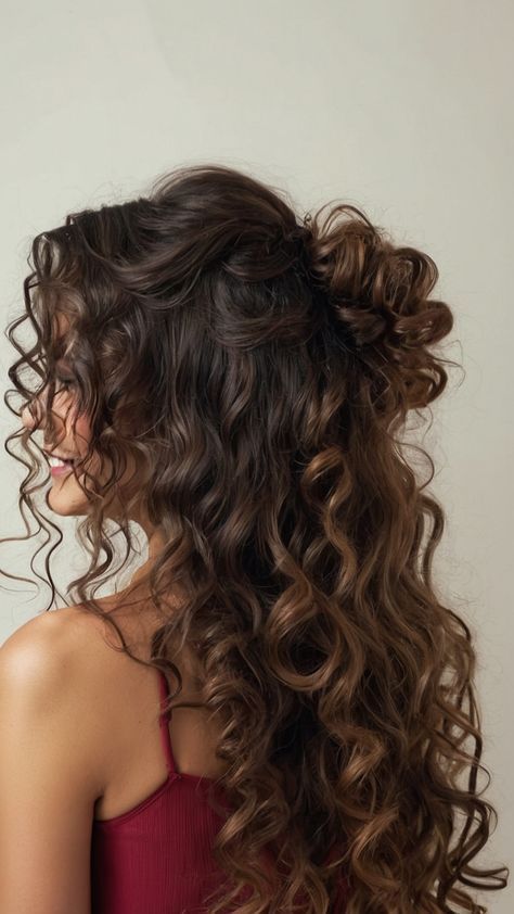 Hair Styles With Curls For Wedding, Hairdo For Long Curly Hair, Long Curly Hair Down Wedding, Hairstyle For Curly Hair For Wedding, Messy Curls Wedding Hair, Wedding Guest Hair Natural Curly, Natural Curls Wedding Hairstyles, Bridesmaids Curly Hairstyles, Haïr Style For Prom