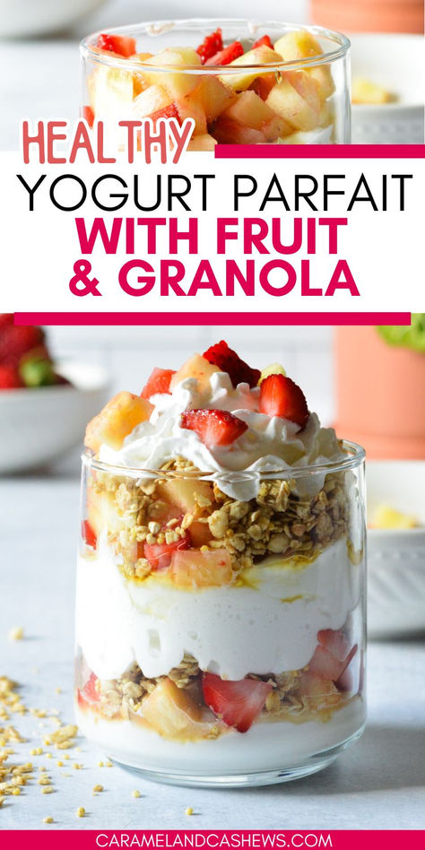 yogurt parfait with whipped cream, strawberries, and pineapple Oat Parfait, Parfait Healthy, Pineapple Yogurt, Healthy Yogurt Parfait, Yogurt Parfait Recipe, Fruit And Yogurt Parfait, Chocolate Greek Yogurt, Fruit And Yogurt, Homemade Granola Healthy