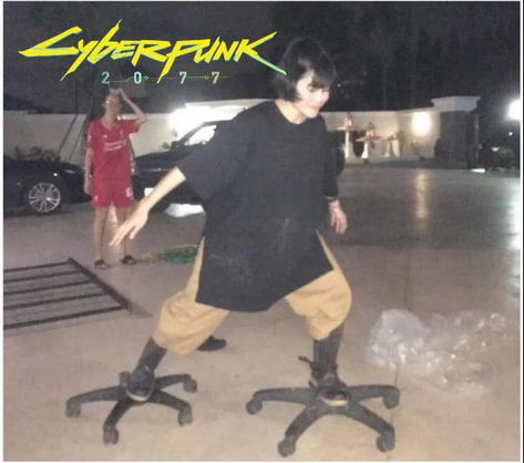 Cyberpunk 2077 | Office Chair Roller Skates | Know Your Meme Funny Poses, 밈 유머, Draw The Squad, 웃긴 사진, Parking Lot, Grunge Aesthetic, Tokyo Ghoul, Reaction Pictures, Mood Pics