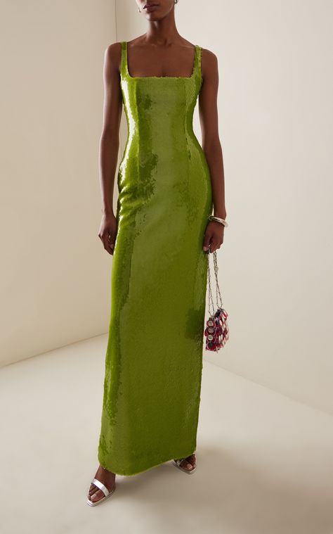 Electra Sequined Midi Dress By 16arlington | Moda Operandi Green Wedding Guest Dresses, Green Sequin Dress, Fashion Gowns, Sequin Midi Dress, Gorgeous Gowns, Classic Dress, Colourful Outfits, Couture Fashion, Sequin Dress