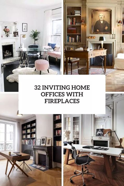 32 Inviting Home Offices With Fireplaces - DigsDigs Home Office With Fireplace Ideas, Desk In Front Of Fireplace, Small Office With Fireplace, Home Office With Fireplace Layout, Office With Fireplace Layout, Home Office Sitting Area, Desk Next To Fireplace, Fireplace In Office, Sitting Room Office Combo