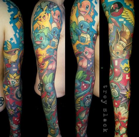 Pokémon !! I love this for my leg Pokeball Tattoo, Charmander Tattoo, Pokemon Sleeves, Jasmine Tattoo, Tattoo Therapy, Pikachu Tattoo, Wrap Around Tattoo, Gamer Tattoos, Colorful Tattoos