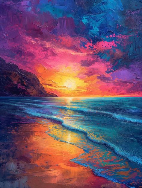 Vibrant Landscape Paintings, Landscape Art Inspiration, Colourful Acrylic Paintings, Colourful Landscape Paintings, Aesthetic Art Ideas Painting, How To Paint Landscapes, Painting Landscape Ideas, Canvas Painting Inspiration, Colourful Art Painting