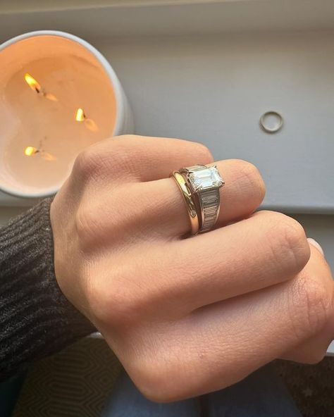 Sophie Whitelaw (@whitelaw.gold) • Instagram photos and videos Gold And Silver Rings Mixed Engagement, Chunky Gold Engagement Ring, Whitelaw Gold, Two Engagement Rings, Chunky Engagement Rings, Wedding Bands White Gold, Baguette Wedding Ring, Wide Engagement Ring, Wedding Ring Stack