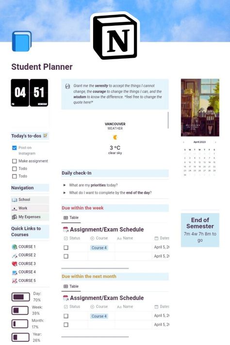 Notion Template Student Planner Study Planner Free, Fitness Tracker Printable, Study Planner Printable, Student Planner Printable, Academic Goals, Small Business Planner, Social Media Planner, Notion Template, Planner Printables Free