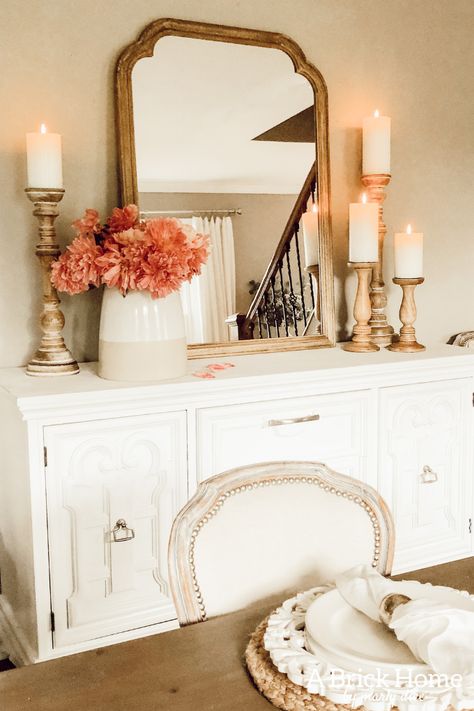 LOVE this simple french country buffet decor in Marly's home! #frenchcountry Country Buffet Decor, Dining Room Buffet Decor, French Country Buffet, Spring Mantel Decorating Ideas, Diy French Country Decor, French Style Chairs, French Country Rug, Decoration Buffet, Deco Buffet