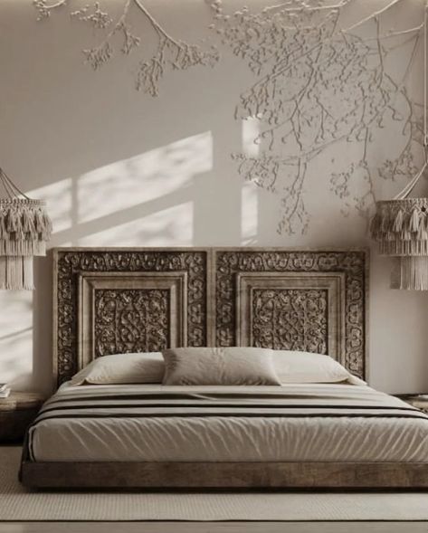 Indian Modern Interior Design, Diy Headboard Ideas, Bedroom Elegant, Bedroom Inspiration Cozy, Bed Heads, Luxury Boho, Earthy Home Decor, Wood Bed Design, Headboard Ideas