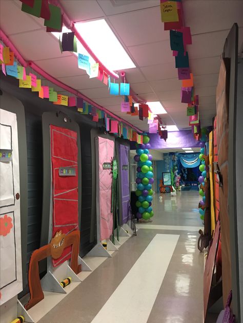 Monsters Inc Spirit Week, School Hallway Themes Ideas, 90s Theme School Hallway, Monsters Inc Room Transformation, Monsters Inc Doors Diy, Scare Floor Monsters Inc, Homecoming Hall Decorations, Disney Hall Decorations, Monsters Inc Homecoming Float